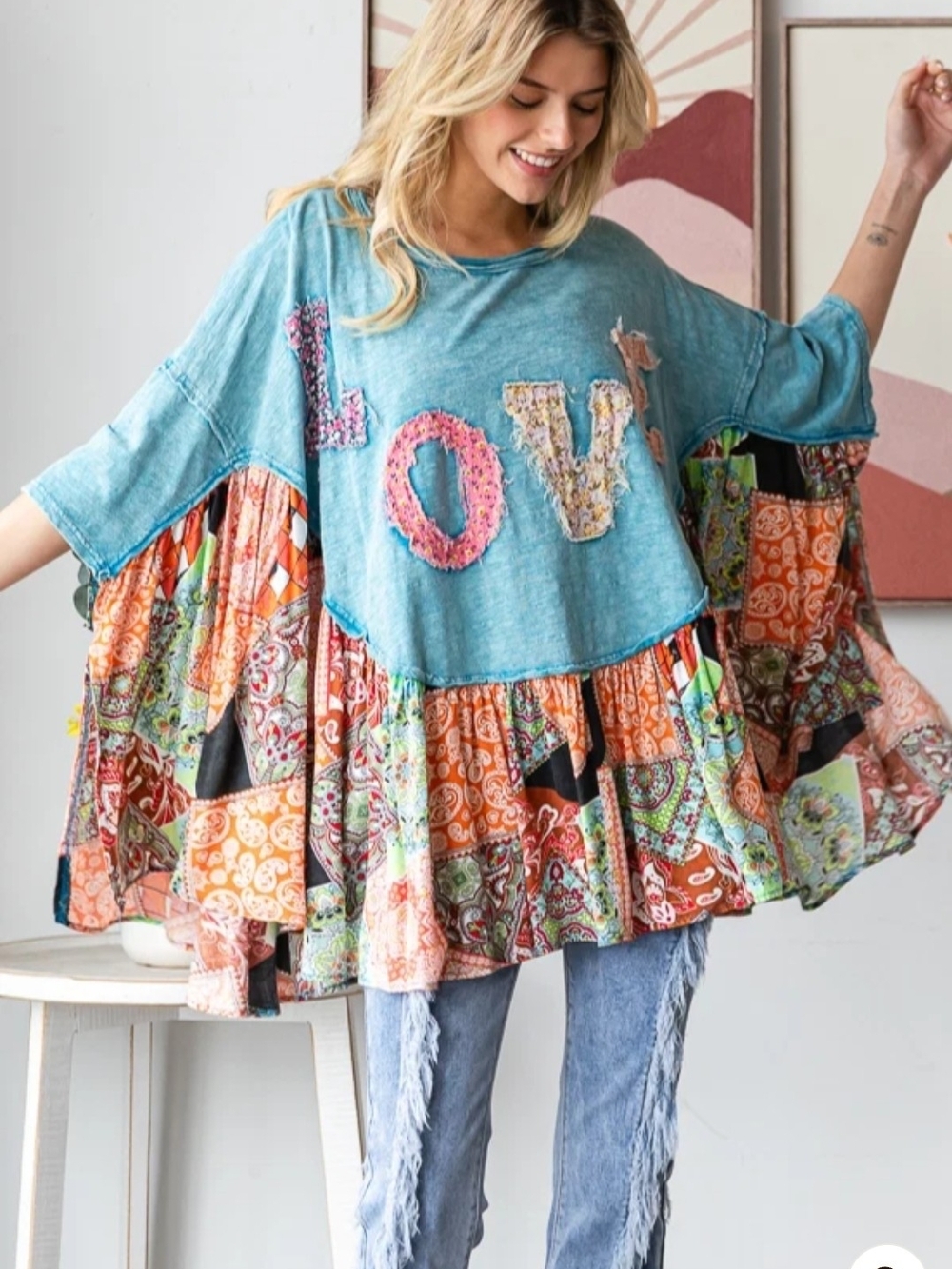 NEW!!! Oli And Hali WASHED ROUND NECK LOVE PATCHWORK RUFFLE HEM TOP, Sz XL - Picture 4 of 6